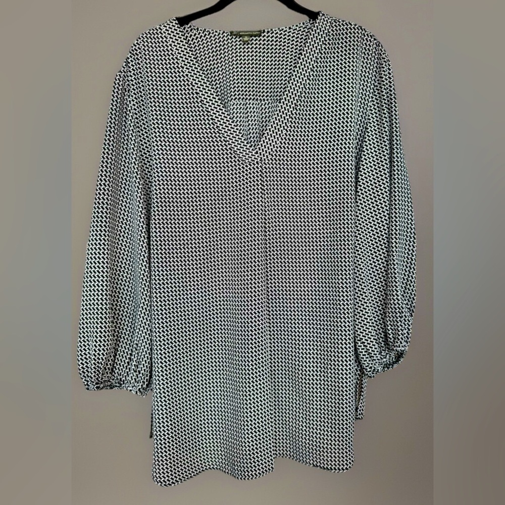 Adrianna Papell 3/4 Sleeve V-Neck Pullover Blouse Black/White Chain Link 1X
